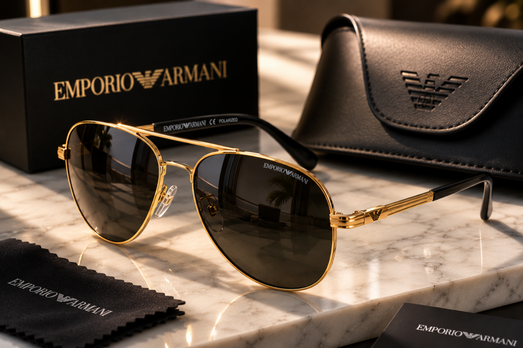 Emporio Armani luxury gold aviator sunglasses with polarized lenses displayed on a marble surface alongside a premium designer case and branded gift box.