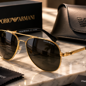 Emporio Armani luxury gold aviator sunglasses with polarized lenses displayed on a marble surface alongside a premium designer case and branded gift box.