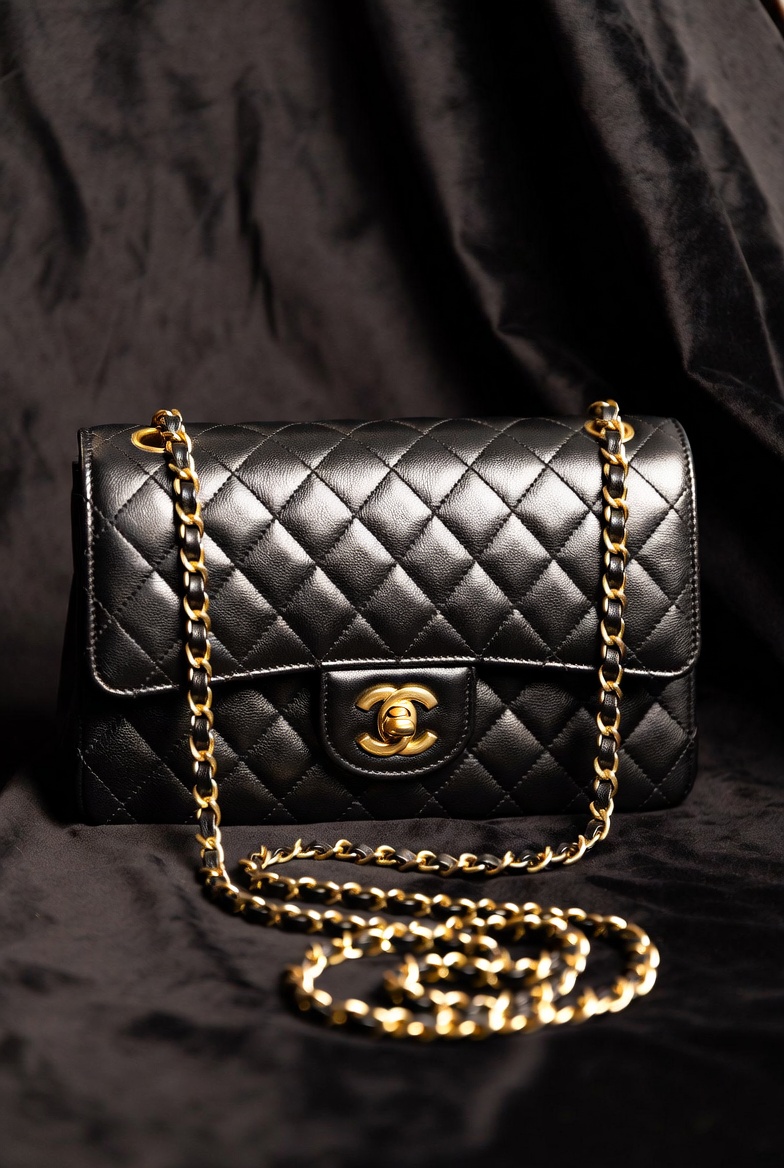 Elegant Chanel Quilted Classic Flap Bag crafted from premium black lambskin leather featuring signature diamond quilting, iconic CC turn-lock closure, leather-woven chain strap, and timeless luxury designer styling.