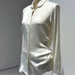 Prada white silk blouse for women with tailored fit and subtle logo cuff detail