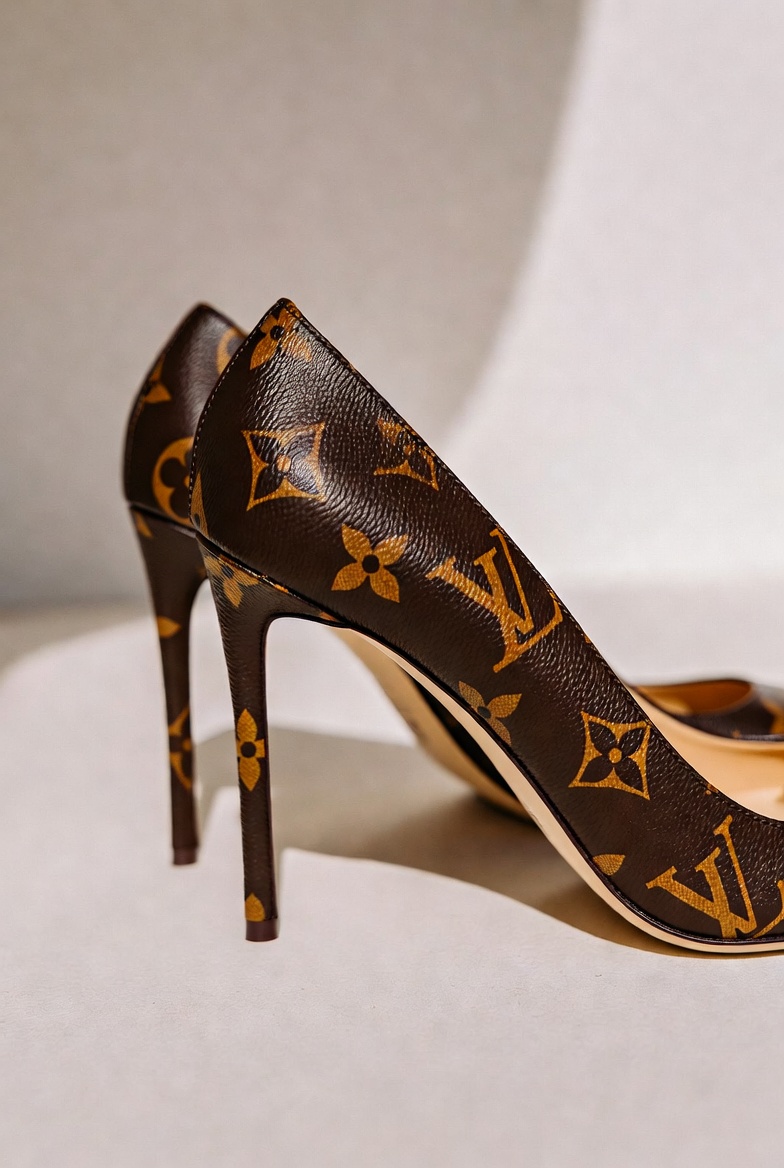 Louis Vuitton Graceful Stilettos featuring iconic LV Monogram canvas, premium leather accents, pointed toe design, and luxury designer footwear styling.