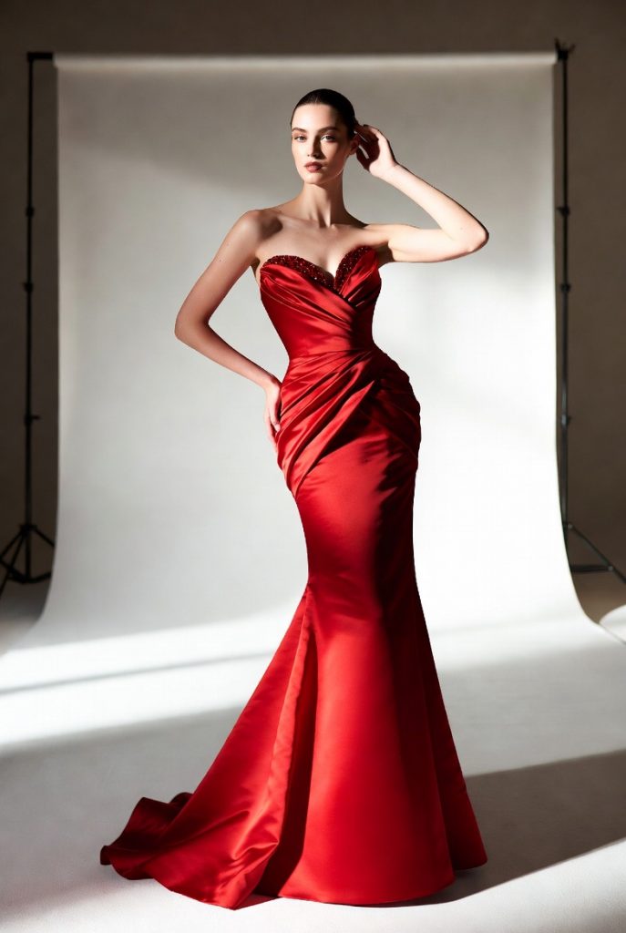 Dior red silk evening gown with crystal embellished bodice and mermaid silhouette