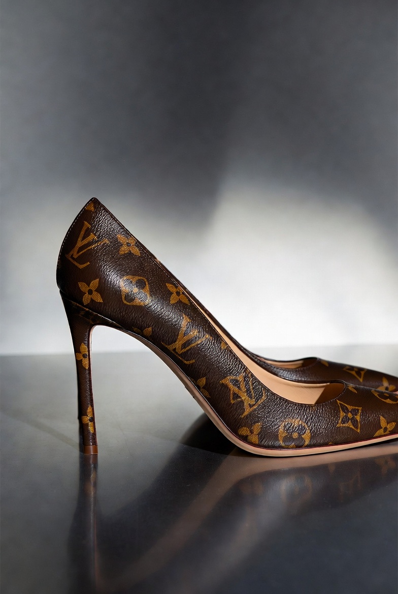 Louis Vuitton Graceful Stilettos featuring iconic LV Monogram canvas, premium leather accents, pointed toe design, and luxury designer footwear styling.
