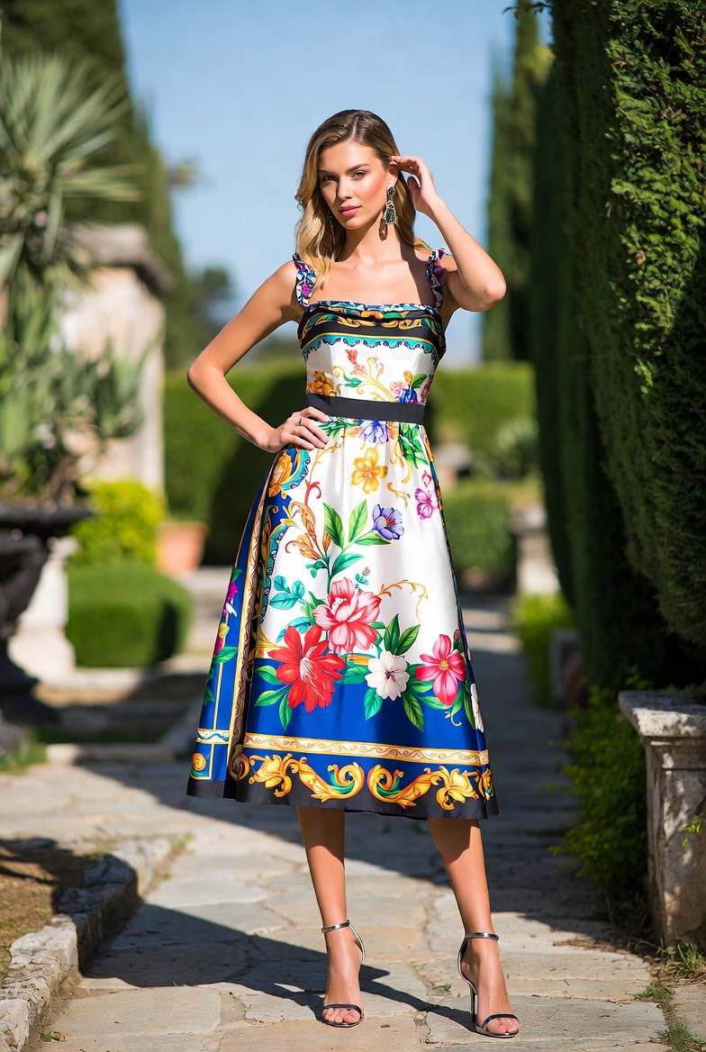 Elegant woman wearing an authentic Dolce & Gabbana Floral Print Midi Dress featuring luxurious silk fabric, vibrant Sicilian-inspired floral prints, a fitted bodice, flared midi skirt, and timeless Italian designer styling.