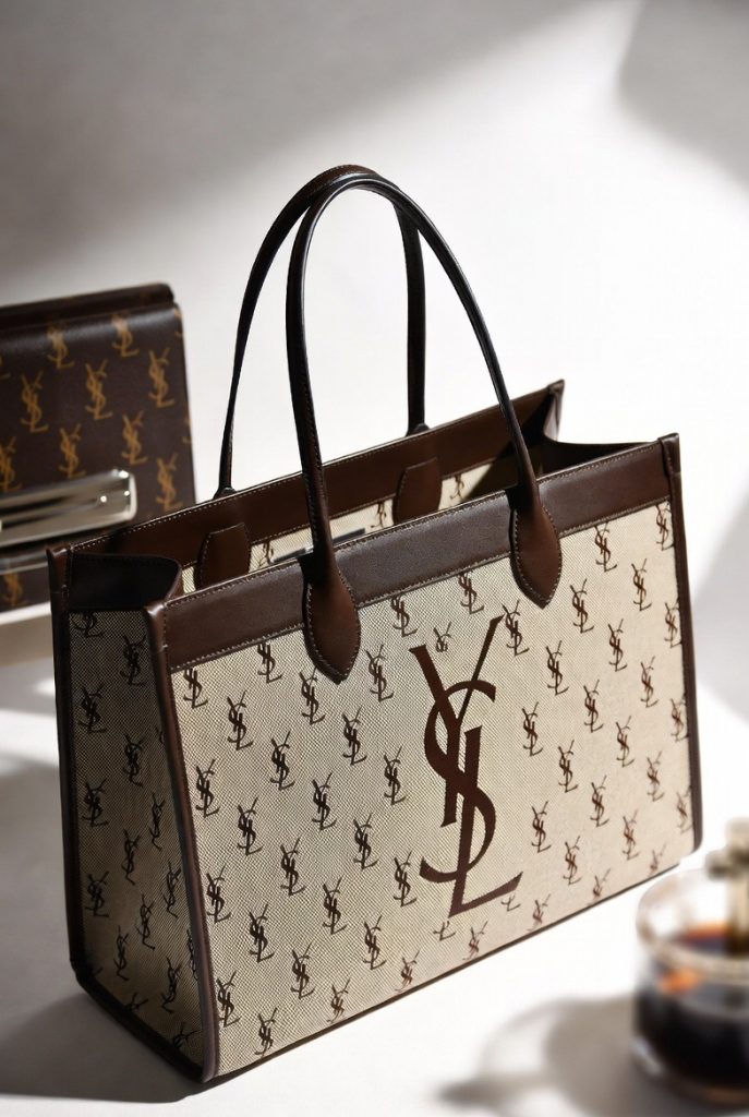 Saint Laurent luxury canvas tote bag with leather trim and YSL monogram