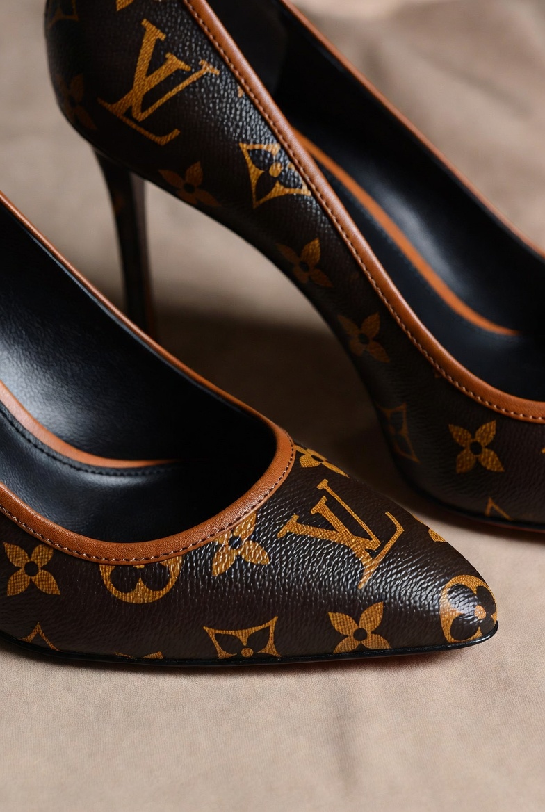 Louis Vuitton Graceful Stilettos featuring iconic LV Monogram canvas, premium leather accents, pointed toe design, and luxury designer footwear styling.